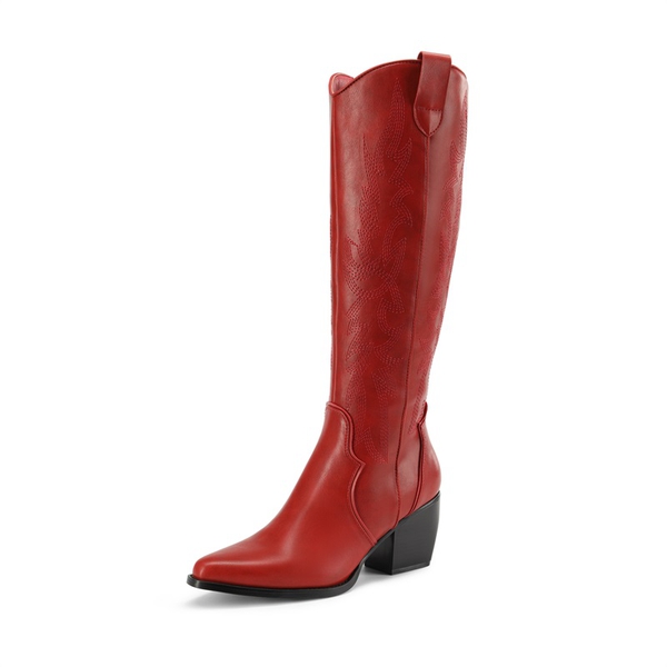 Dallas Embroidered Western Cowboy Knee High Boots - RED -  0